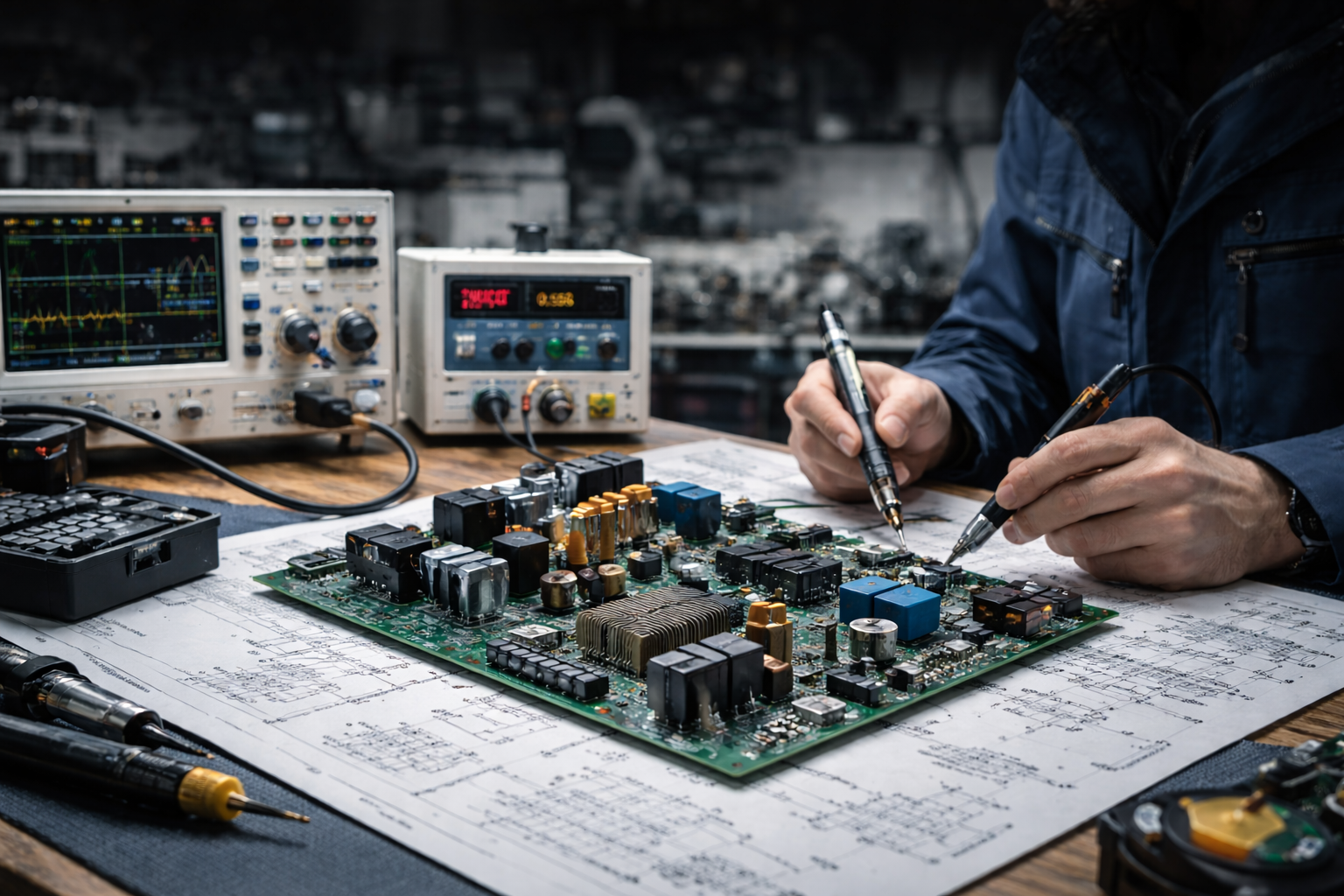 Industrial PCB Design Services engineer testing high-performance PCB in laboratory